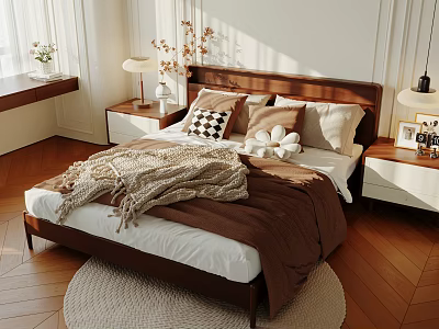 Cozy Double Bed With Wooden Floor Bedside Tables Table Lamps Decorative Pillows And Knit Blanket 3d model