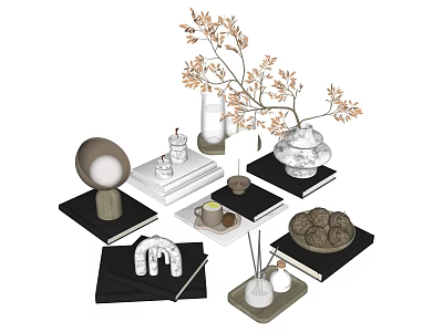Decorative Ornament Set With Branches Vase Books Trays And Small Decor Pieces 3d model