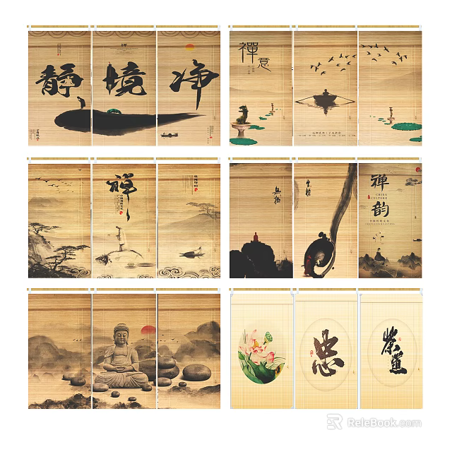 Chinese Zen Bamboo Blinds with Landscape Paintings and Calligraphy for Serene Natural Interior 3d model 