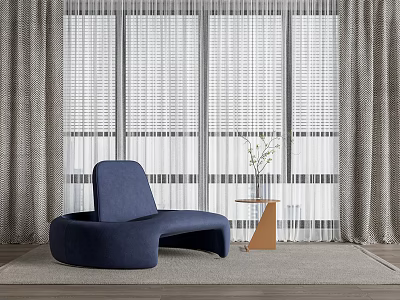 Gray Cloth Curtains And White Sheer Curtains In Modern Living Room With Blue Sofa 3d model