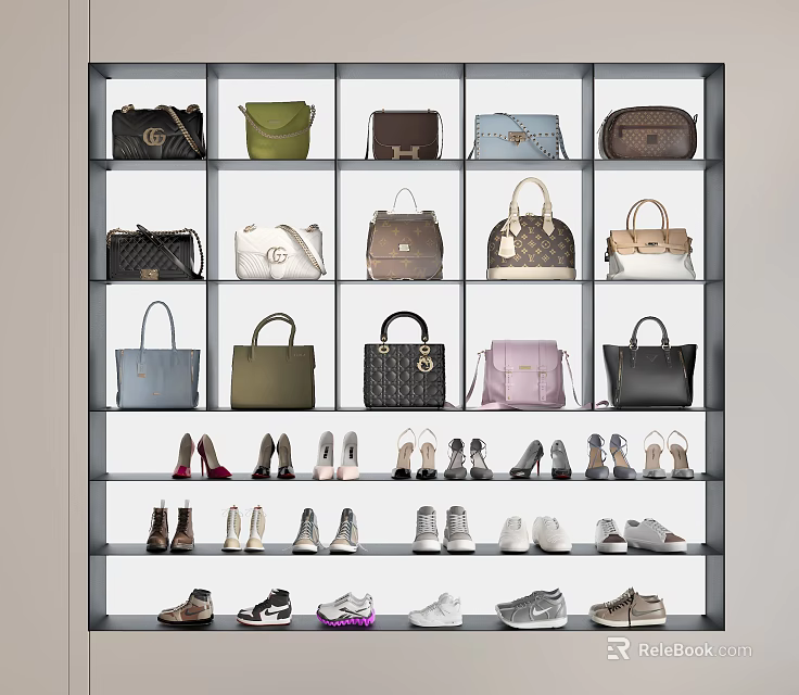 Fashionable Bags And Shoes Display On Multi Layered Shelves With Various Styles And Colors 3d model 