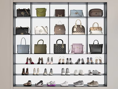Fashionable Bags And Shoes Display On Multi Layered Shelves With Various Styles And Colors 3d model