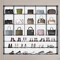 Fashionable Bags And Shoes Display On Multi Layered Shelves With Various Styles And Colors