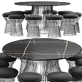 Modern Table and Chair Set With Marble Tabletop Metal Frame Stools And Black Cushions