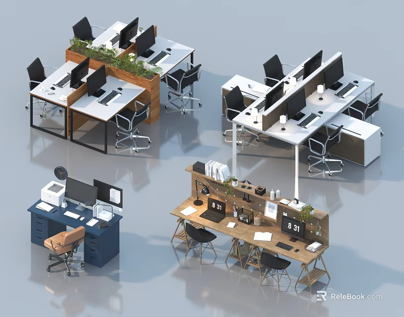 Modern Office Workstations With Multiple Desks Green Plants And Computer Monitors 3d model