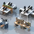 Modern Office Workstations With Multiple Desks Green Plants And Computer Monitors 3d model