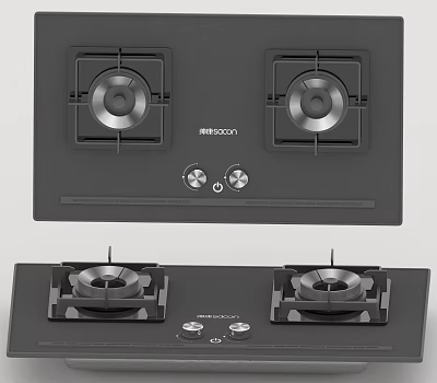 Black Panel Modern Kitchen Gas Stove Cooktop With Two Burners And Knob Controls 3d model