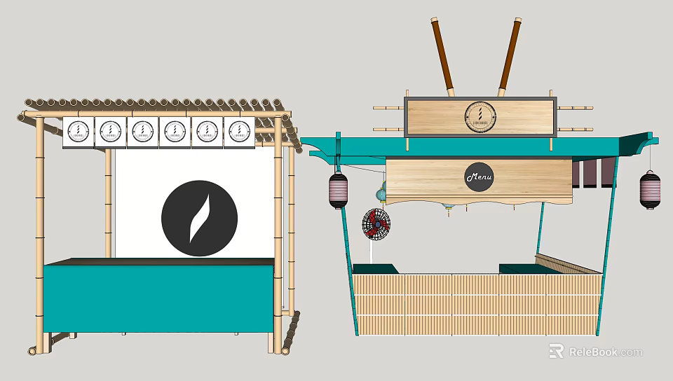 Cafe Stall Design With Bamboo Structure Coffee Logo Blue Counter And Wooden Decor 3d model 