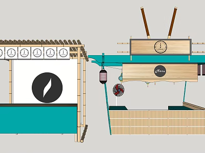 Cafe Stall Design With Bamboo Structure Coffee Logo Blue Counter And Wooden Decor 3d model