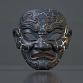 Three Black Masks With Gold Patterns And Different Expressions On Gray Platform 3d model