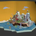 Cartoon Island Scene with Iceberg Waterfall Green Grass Small Boat Flags Trees on Blue Water