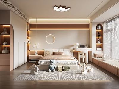 Cozy Modern Kids Room Interior With Bed Toys Bookshelves And Cloud Shaped Lamp 3d model