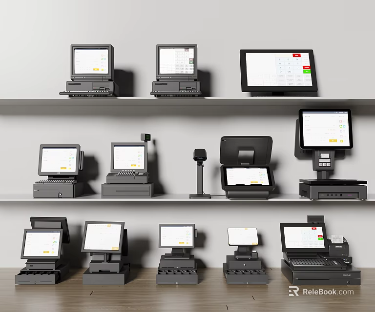 Smart POS Machines Various Models Displayed on Shelves with Digital Screens 3d model 