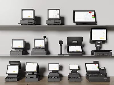 Smart POS Machines Various Models Displayed on Shelves with Digital Screens 3d model