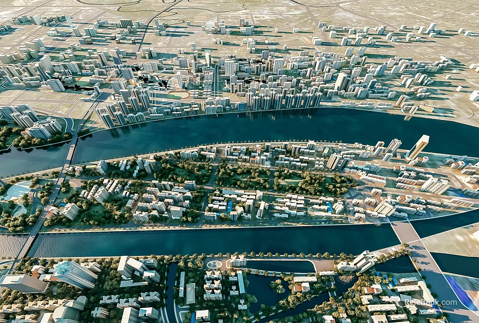 Urban Aerial Planning Layout With Riverside Buildings Green Spaces And Road Networks 3d model 