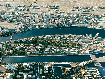 Urban Aerial Planning Layout With Riverside Buildings Green Spaces And Road Networks 3d model