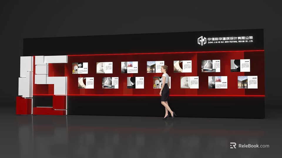 Event Exhibition Wall Featuring Design Association Logo And Displayed Works With Visitors 3d model 