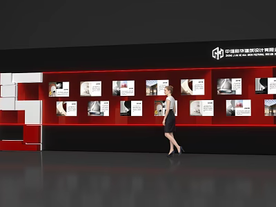 Event Exhibition Wall Featuring Design Association Logo And Displayed Works With Visitors 3d model
