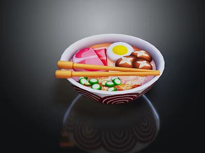 Delicious Ramen Bowl Topped With Fried Egg Chashu Fish Cake Green Onions And Chopsticks 3d model