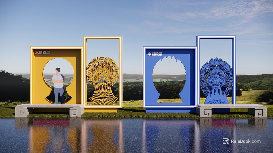 Colorful Decorative Frames With Intricate Patterns In Garden Landscape With Reflective Water And Open View 3d model 