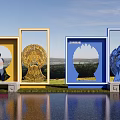 Colorful Decorative Frames With Intricate Patterns In Garden Landscape With Reflective Water And Open View