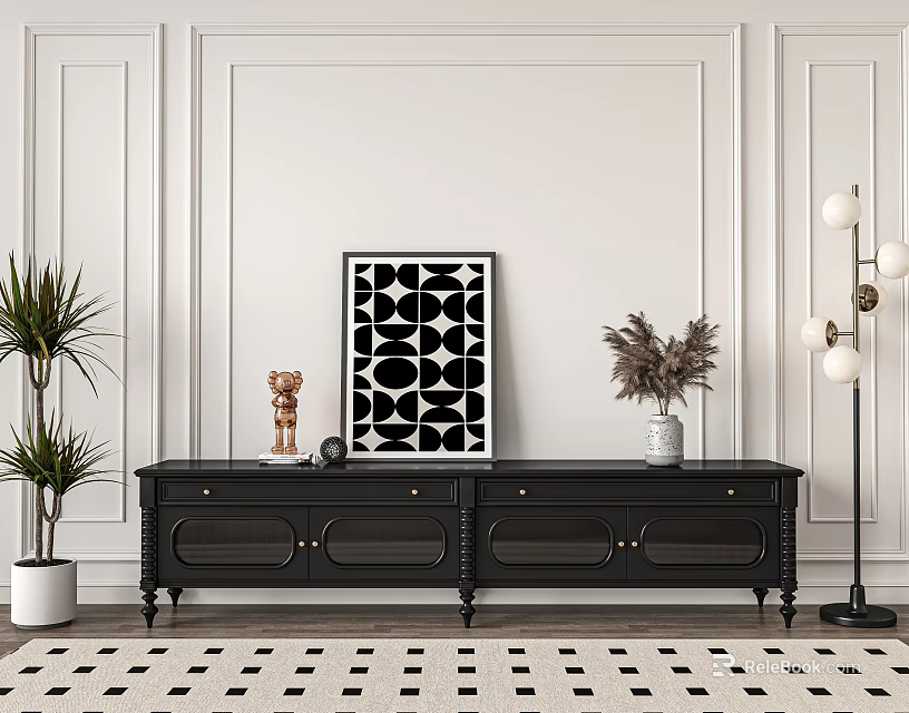 Modern Black TV Stand with Drawers Plants Artwork and Floor Lamp against White Wall 3d model 