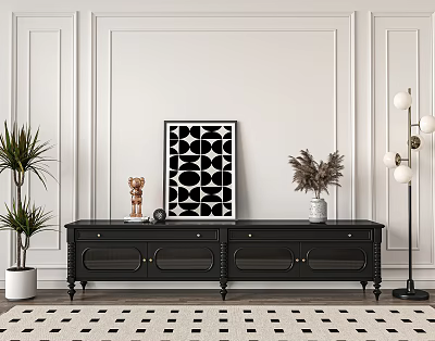 Modern Black TV Stand with Drawers Plants Artwork and Floor Lamp against White Wall 3d model