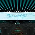 Stage With Teal Lighting Large Screen Text Graphics And Speaker At Conference Event 3d model