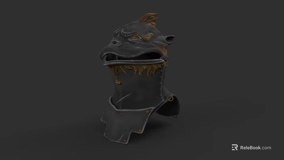 3D Model Beast Head Helmet With Golden Decoration And Black Body Neck Guard 3d model 