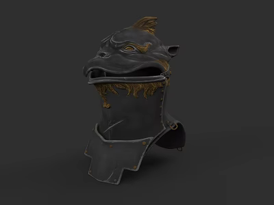 3D Model Beast Head Helmet With Golden Decoration And Black Body Neck Guard 3d model