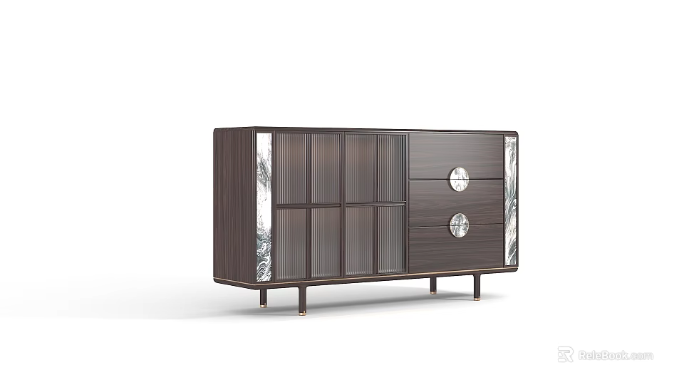 Modern Dark Wood Sideboard With Glass Doors Drawers And Metal Legs 3d model 