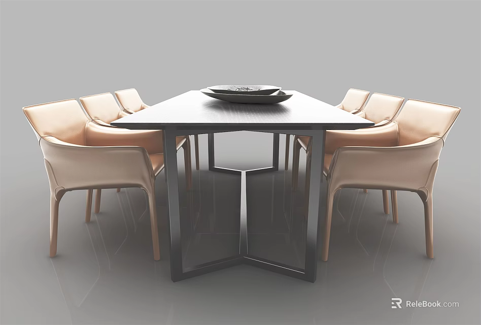 Modern Dining Table Set with Black Table Beige Chairs and Black Tray in Minimalist Interior 3d model 