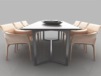 Modern Dining Table Set with Black Table Beige Chairs and Black Tray in Minimalist Interior 3d model