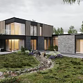 Modern Single Family House with Wooden and Stone Exterior in Lush Greenery and Natural Surroundings