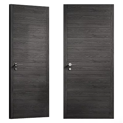 Modern Dark Wooden Double Hinged Doors With Natural Grain And Metal Handles 3d model