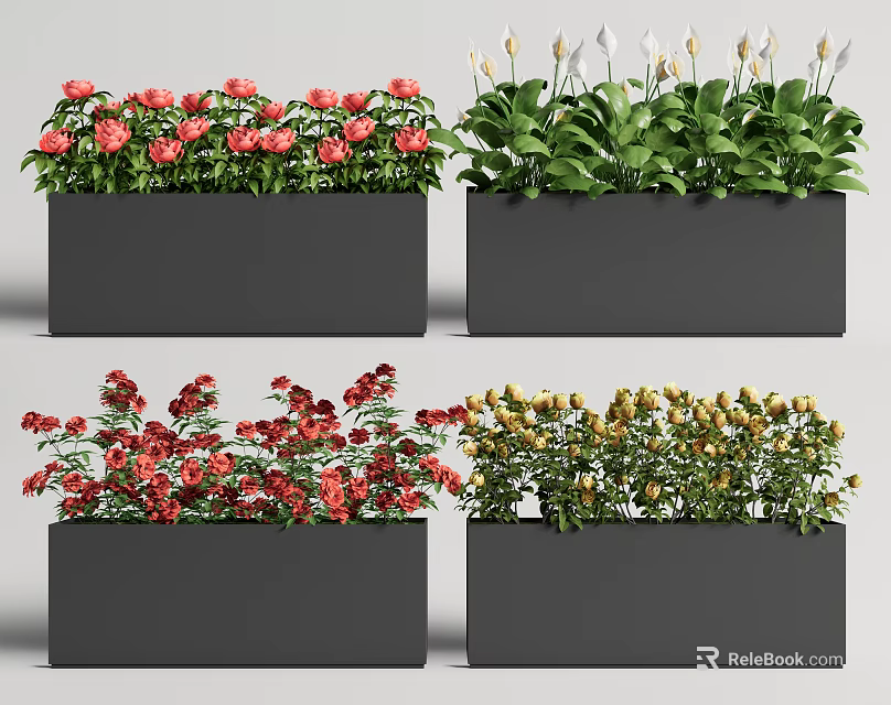 Decorative Rectangular Dark Planters With Red Pink White Yellow Vibrant Blooms 3d model