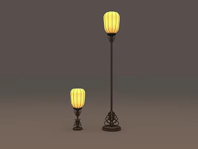 Two Different Sizes Floor Lamps With Yellow Lampshades And Dark Decorative Bases 3d model