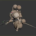Game And Movie Character Mechanical Robot With Beige Color Red Eyes Multiple Circular Components Weapon