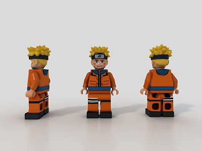 Building Blocks Character with Orange Outfit Yellow Hair Headband Three Different Angles 3d model
