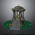 Gray Gazebo With Golden Top Decoration Green Grass White Flowers And Steps