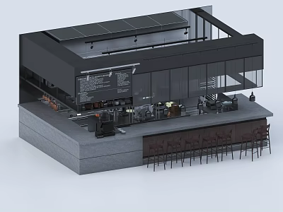 Modern Bar Interior With Black Design Open Layout Glass Walls And Bar Stools 3d model