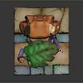 Purple Creature Character Sitting On Stone Slabs With Green Leaf Grass And Backpack Hut
