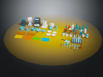 Colorful Kitchen Interior With Coffee Maker Cups Plates Knives And Bottles 3d model