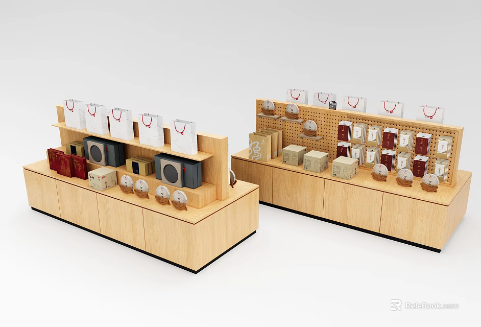 Multi tiered Wooden Display Shelves In Retail Store With White Bags Boxes And Small Items 3d model 