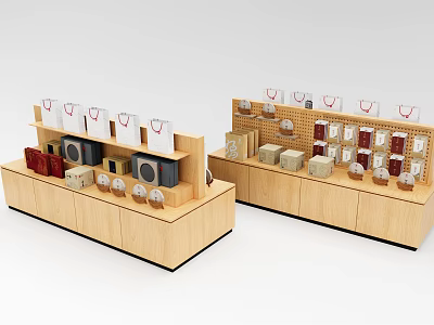 Multi tiered Wooden Display Shelves In Retail Store With White Bags Boxes And Small Items 3d model