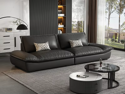 Black Leather Sectional Sofa in Modern Living Room with Decorative Pillows Gray Rug and Coffee Tables 3d model