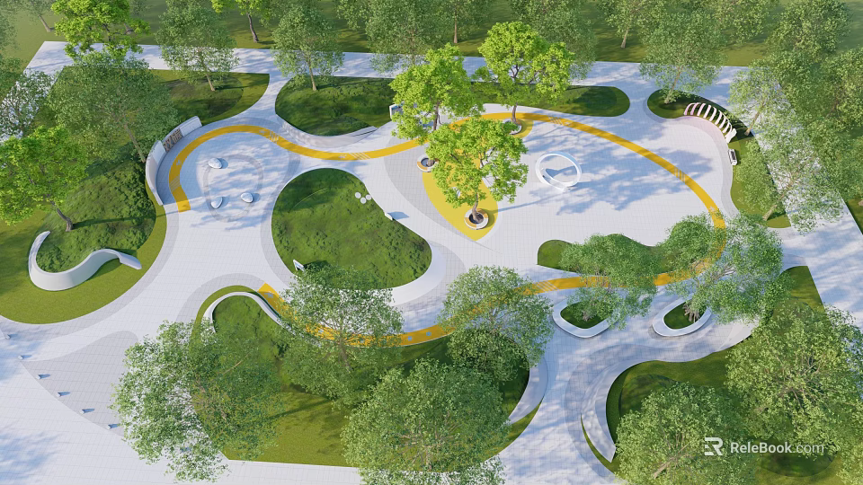 Park Landscape Design With Curved Paths Lush Trees And Circular Seating Areas 3d model 