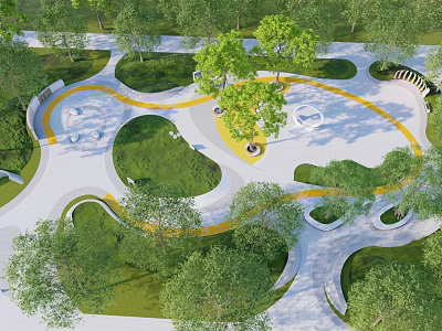 Park Landscape Design With Curved Paths Lush Trees And Circular Seating Areas 3d model