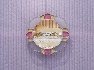 Round Mirror with Pink and Gold Decorations Reflecting Bedroom with Bed and Nightstand 3d model