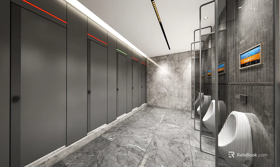 Modern Public Restroom Interior With Gray Stalls Marble Floor And Urinals 3d model 